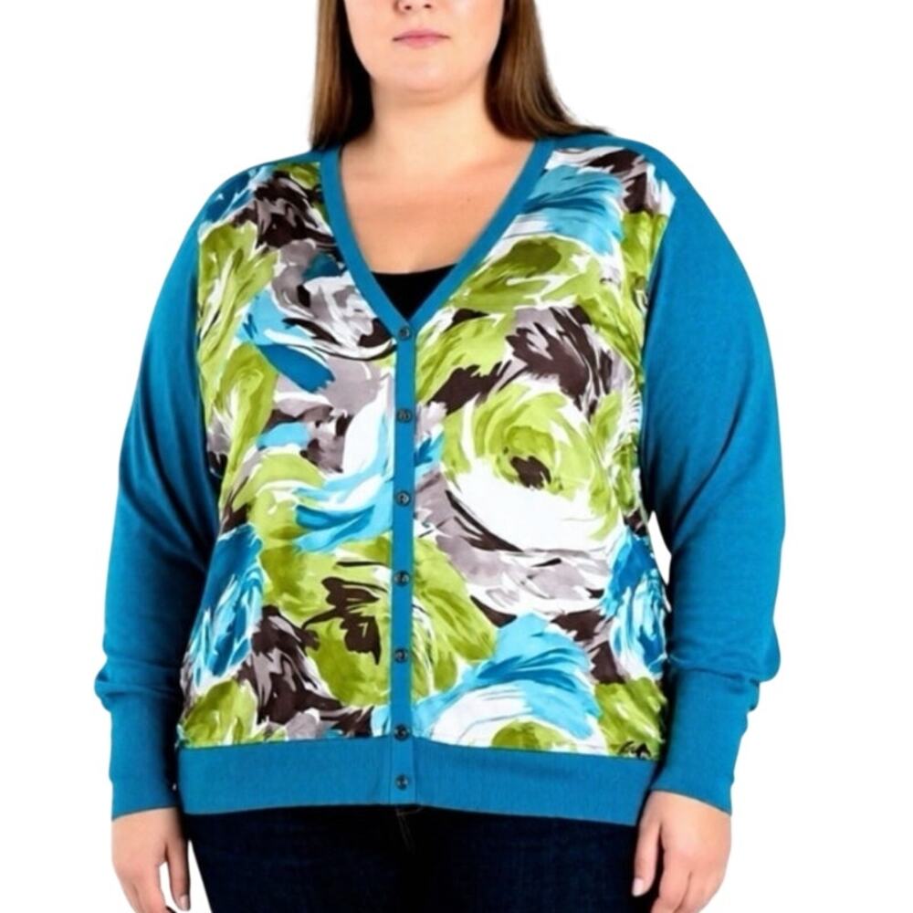 Vintage Talbots Blue and Green Floral Silk/Cotton Floral Cardigan Size 2X